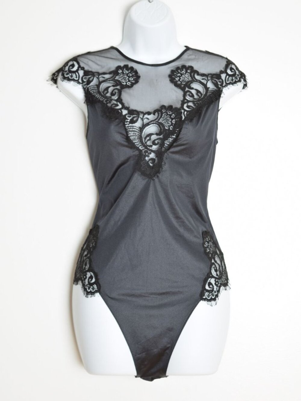 vintage 80s teddy lingerie black nylon tricot lace bodysuit romper cutout M
